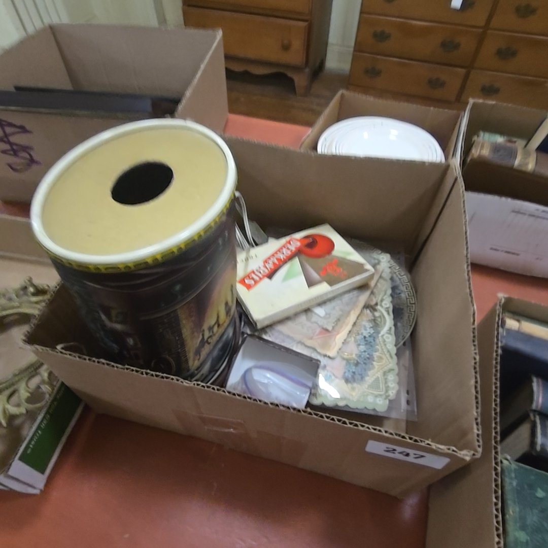 box lot with ephemera and rotating lamp and Tin lithograph plate