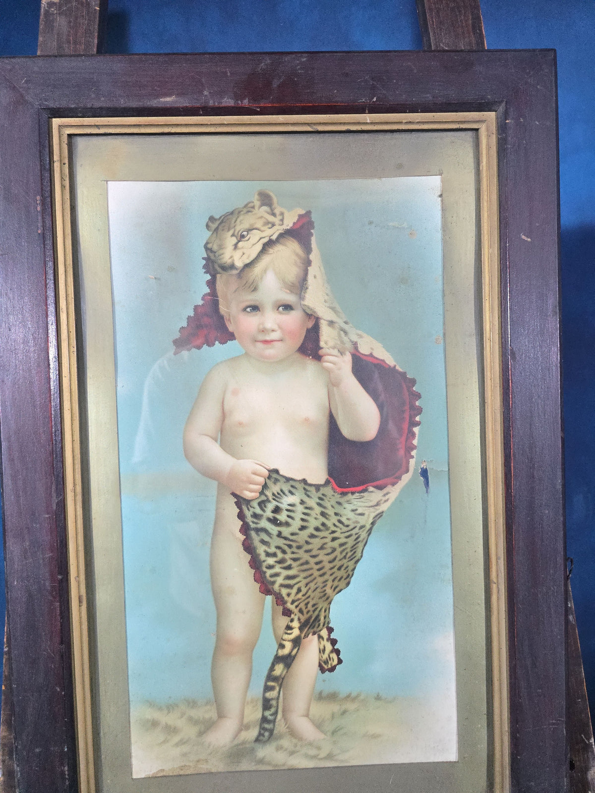 Antique Framed Chromolithograph Print, "Mother's Boy," Advertising Mother's Oats / Quaker Oats, Child with Leopard Skin