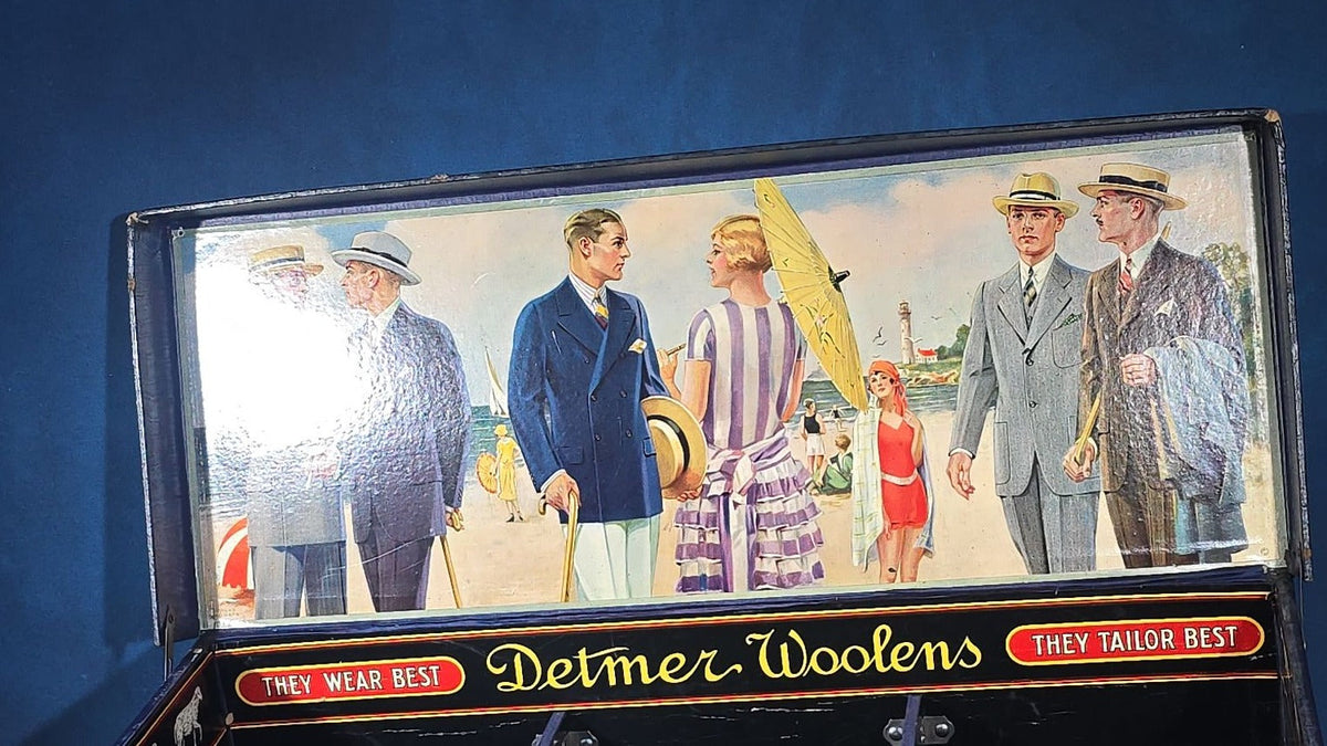 Vintage Detmer Woolens Advertising Store Display Sample Box with Beach Scene Lithograph, Model D 1H