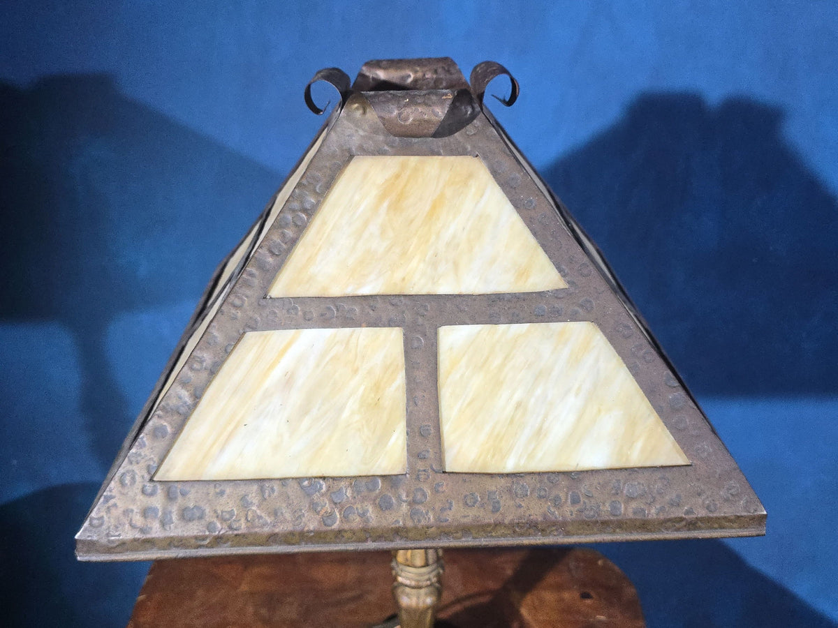 Antique Arts and Crafts Slag Glass Table Lamp with Pyramidal Shade and Cast Metal Base