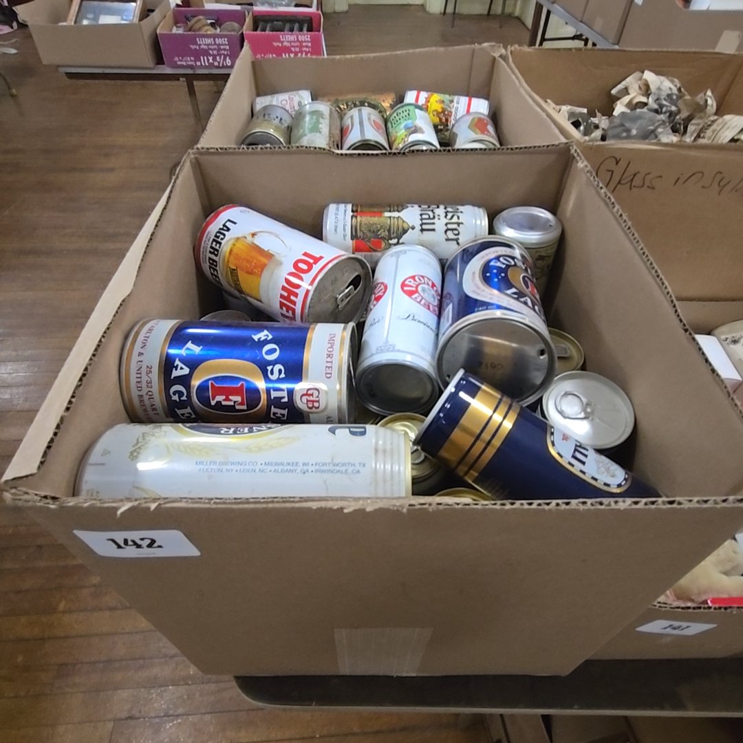box lot of vintage beer cans