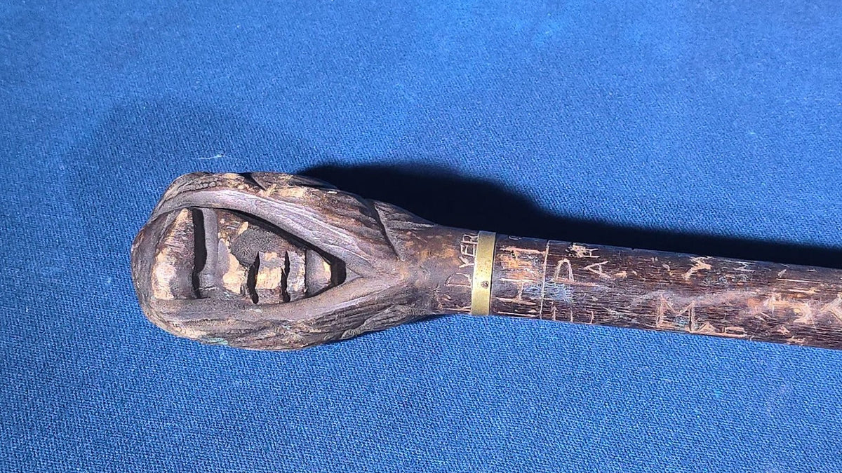 Antique Hand-Carved Walking Stick with Old Man of the Mountain Handle, Brass Collar, Named to Jack Dyer, Carved Signatures and Inscriptions, Dated 1925