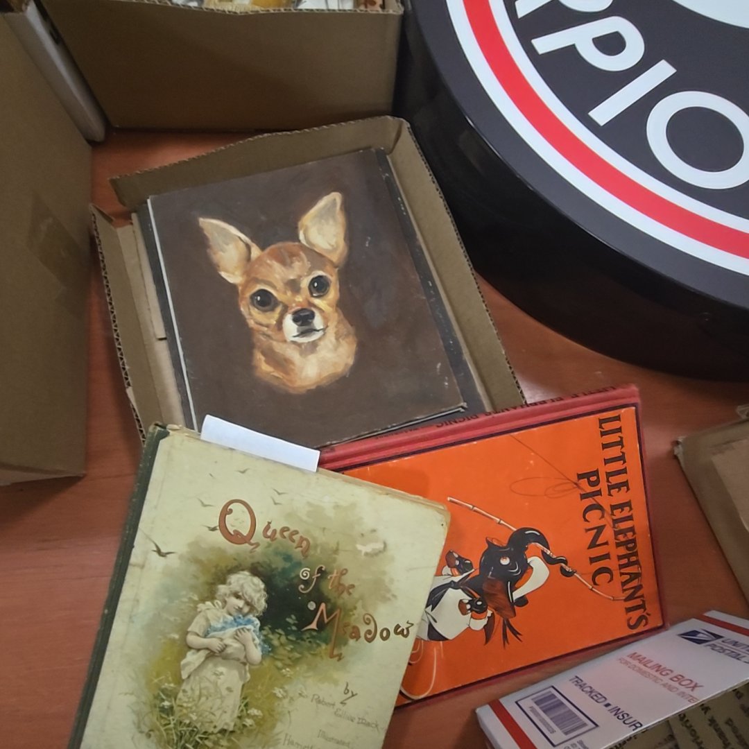 box lot with children's books and dog paintings