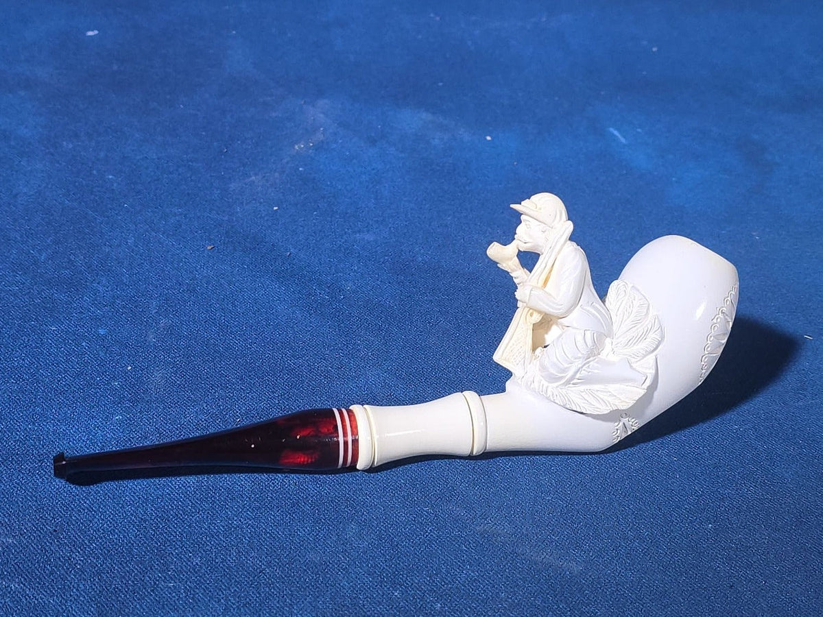 Vintage Carved Meerschaum Pipe with Figural Hunter Smoking a Pipe, in Fitted Case