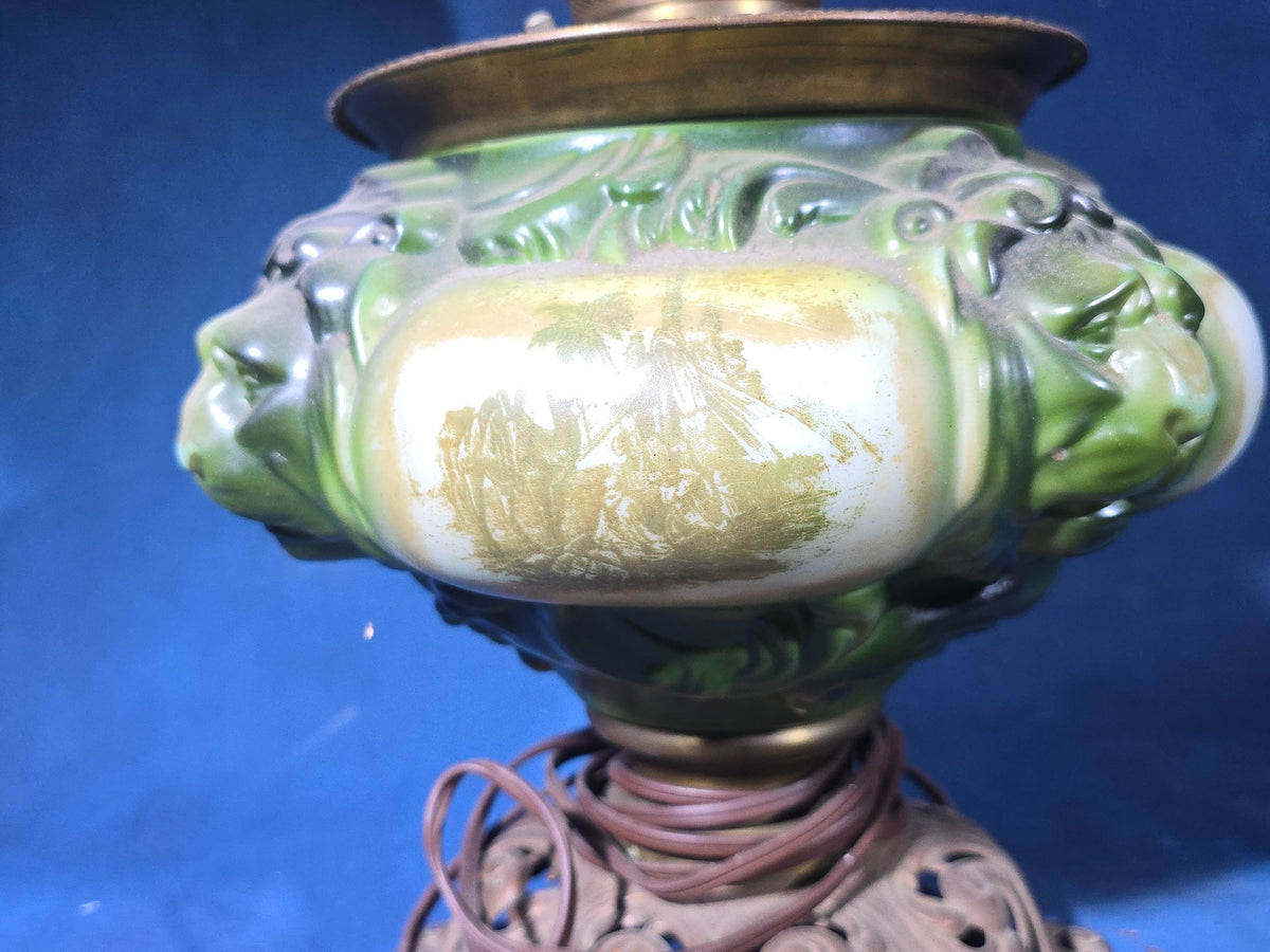 Antique Converted Kerosene Parlor Lamp with Lion Head Font and Tropical Scenes, Frosted Globe and Chimney, Font Marked Miller