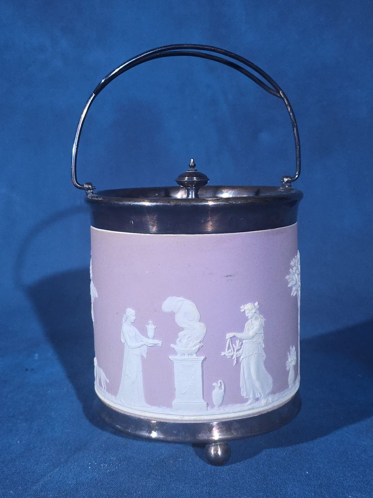 Antique Wedgwood Lilac Jasperware Biscuit Barrel with Silver-Plated Lid, Handle, and Base