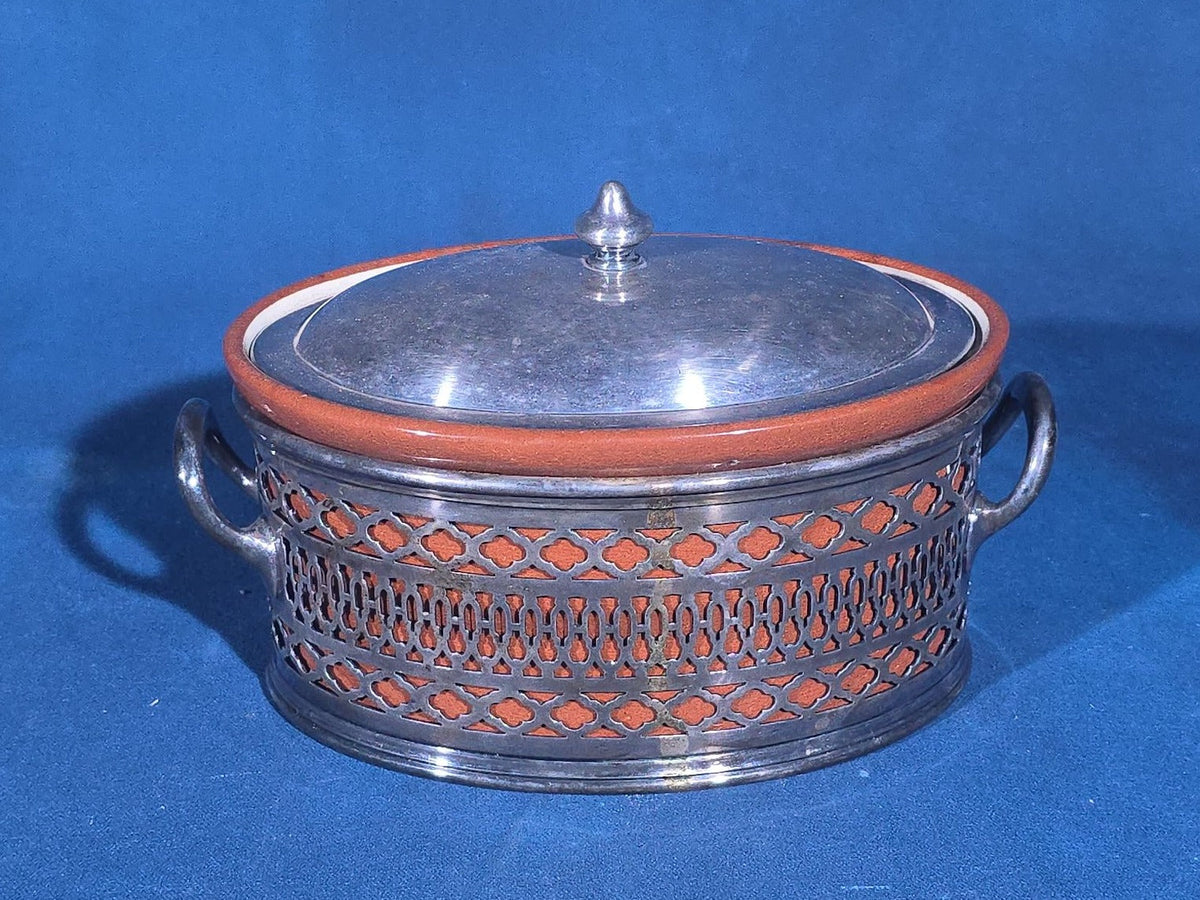 Antique Weller Pottery Covered Dish in Reticulated Silver-Plated Stand with Lid