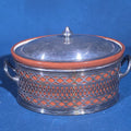 Lot 126 - Antique Weller Pottery Covered Dish in Reticulated Silver-Plated Stand with Lid, 9-1/2" L x 6" H