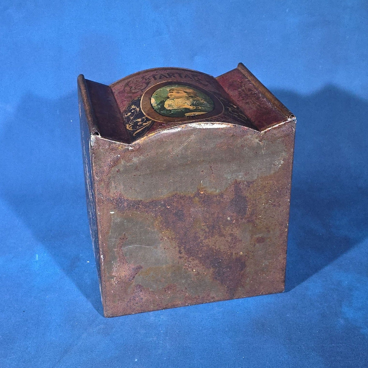 Antique Tin Lithograph General Store Cream of Tartar Bin with Child Portrait Medallion