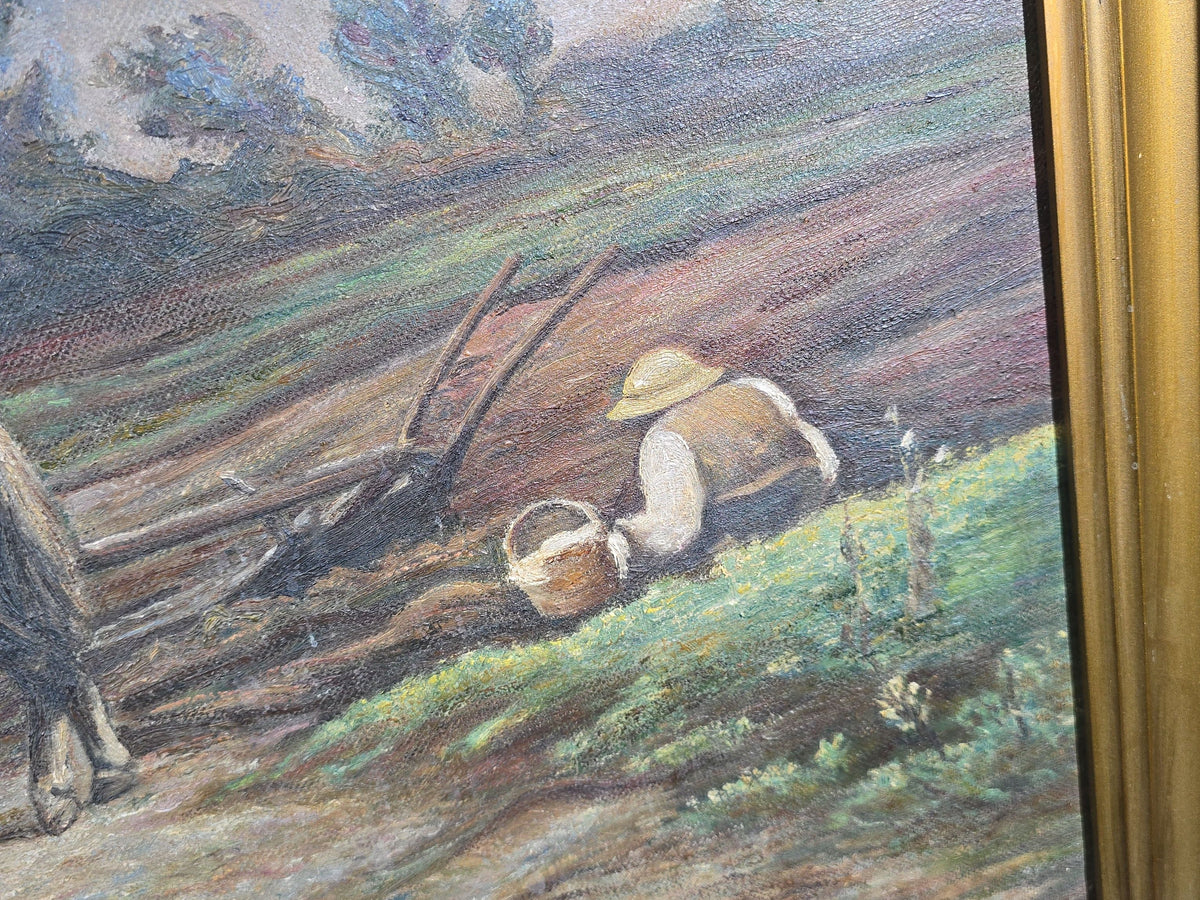 Antique Oil Painting on Canvas, Horses Drinking at a Stream with Seated Figure in Rural Landscape, Signed Oscar Carlsson, 1916