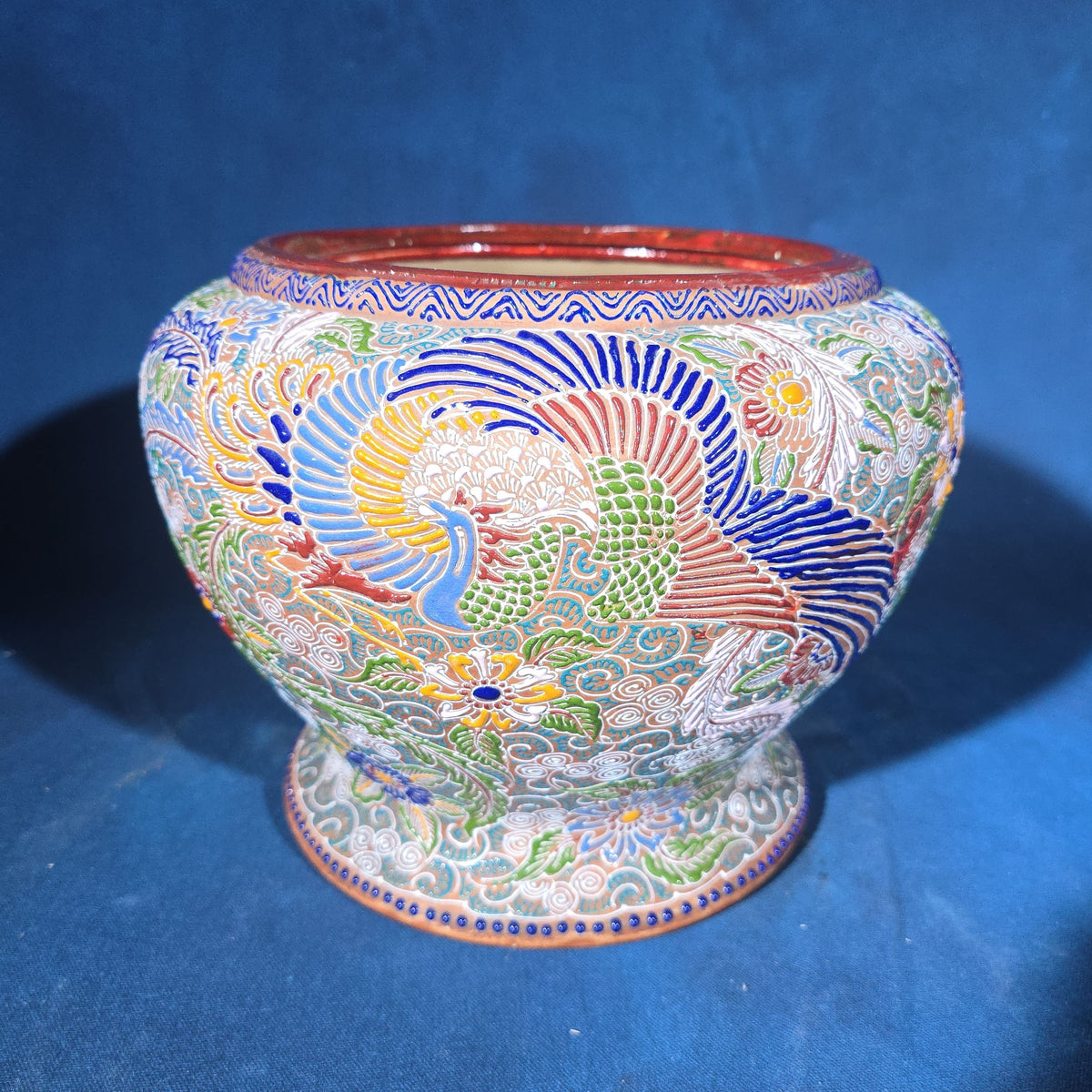 Antique Japanese Moriage Jardiniere with Phoenix and Floral Design, Signed