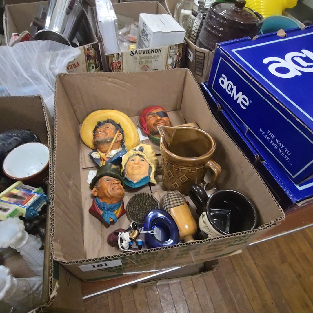 box lot with ceramic heads, and other ceramics