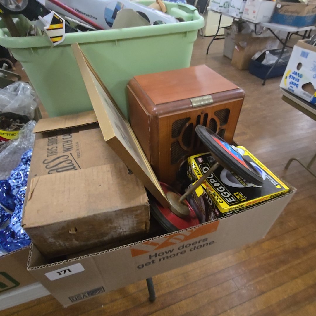 box lot with modern radio print and glass