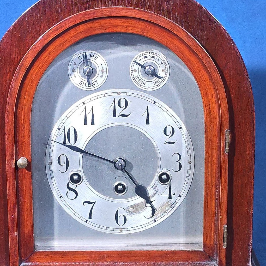 Antique German Mahogany Beehive Mantel Clock with Chime, Manufactured by Junghans, with Key and Pendulum