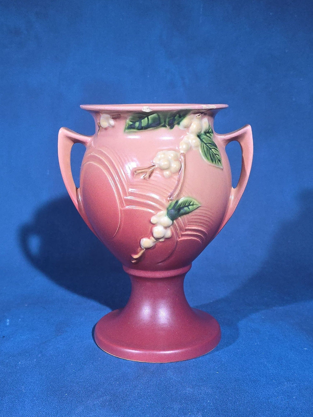 Pair of Vintage Roseville Pottery Pieces including Snowberry Pattern Pedestal Vase 1UR-8 in Pink and Iris Pattern Console Bowl 360-6 in Brown, Note Chips to Both Pieces