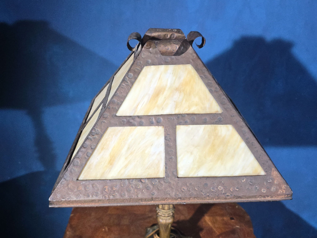 Antique Arts and Crafts Slag Glass Table Lamp with Pyramidal Shade and Cast Metal Base