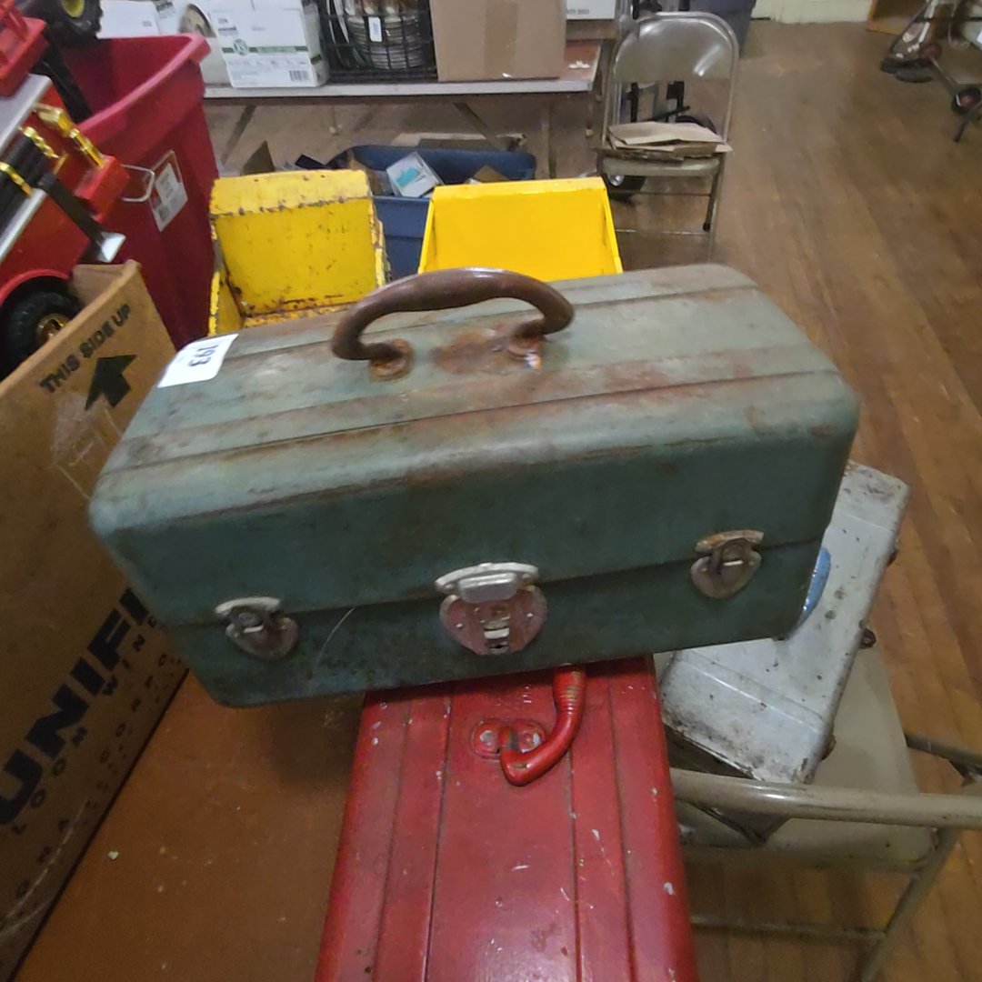 blue tackle box with contents