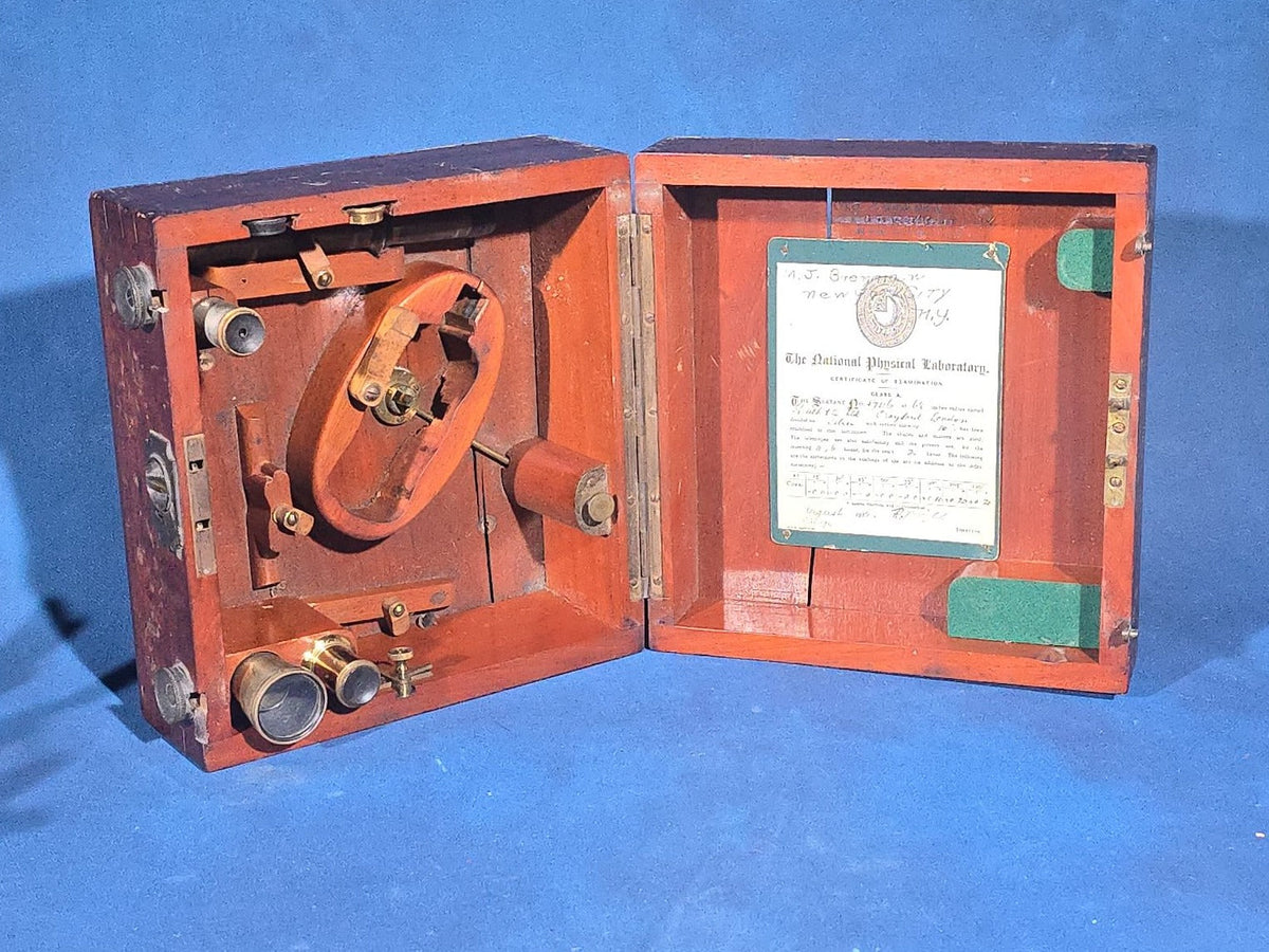 Antique Maritime Sextant No. 5706, Manufactured by Heath & Co. Ltd., Crayford, London, Engraved "Humphrey Matthews. R.N.," in Mahogany Case with 1916 National Physical Laboratory Certificate