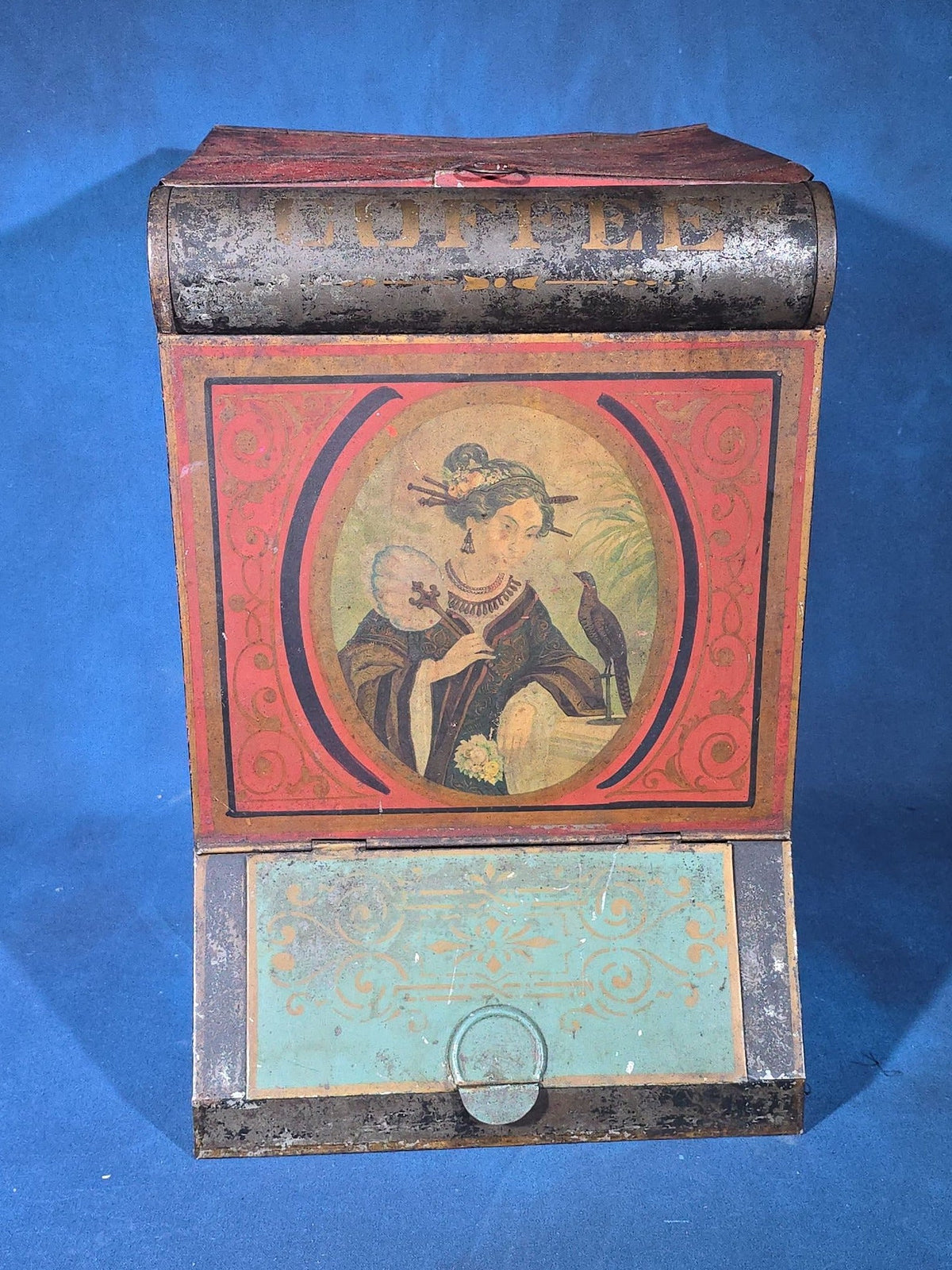 Antique Hand-Painted and Lithographed General Store Coffee Bin with Japanesque Portrait of a Woman with Bird