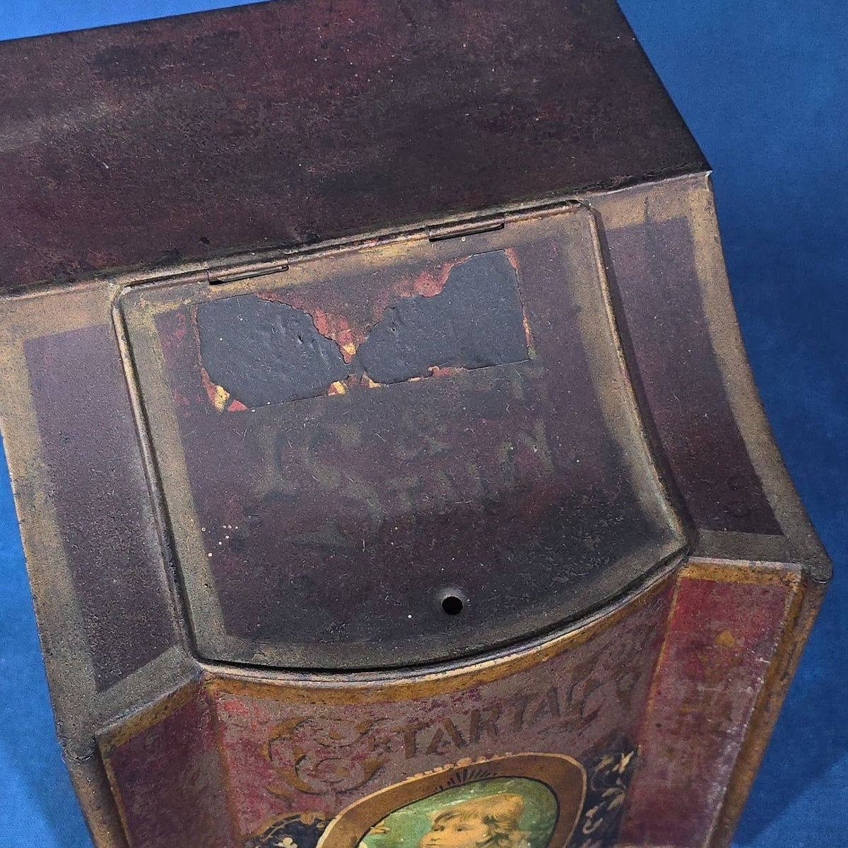 Antique Tin Lithograph General Store Cream of Tartar Bin with Child Portrait Medallion