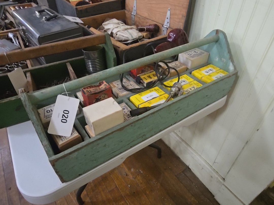 vintage shop made Hardware carrier with tools, in Old blue paint
