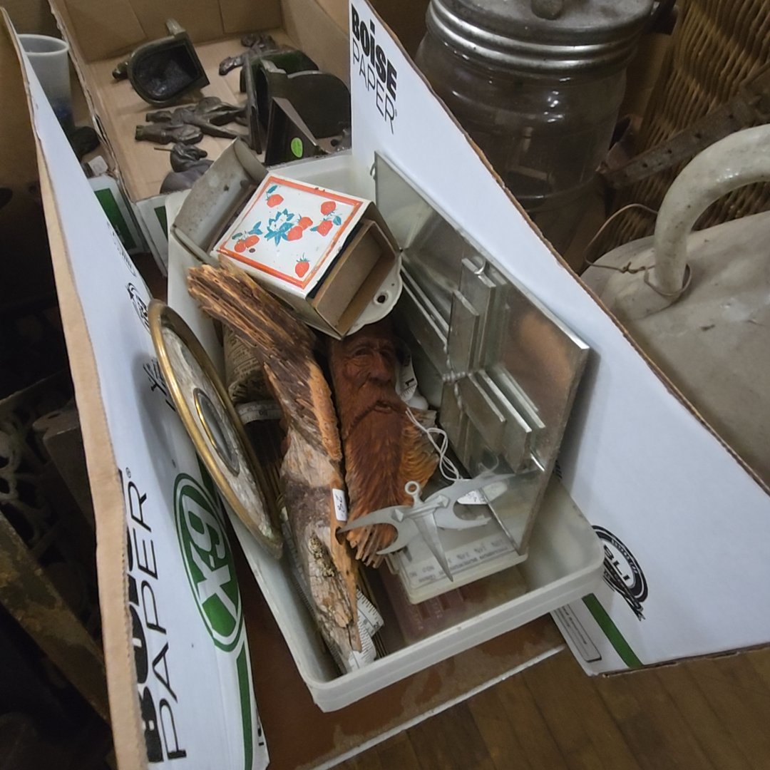 Box lot with wood carvings cross and more