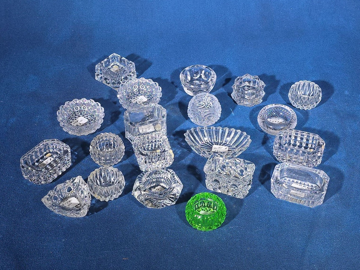 Grouping of 20 Antique and Vintage Pressed and Cut Glass Salt Cellars including Uranium Glass Salt Cellar