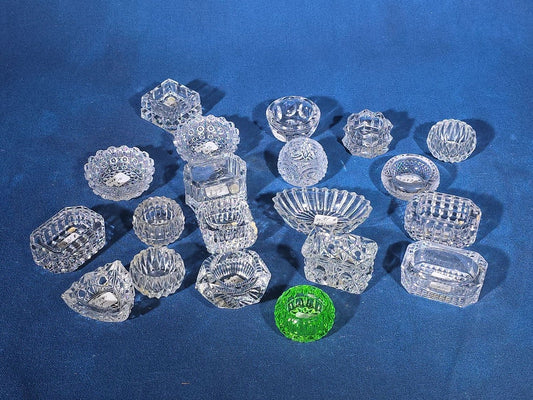 Grouping of 20 Antique and Vintage Pressed and Cut Glass Salt Cellars including Uranium Glass Salt Cellar