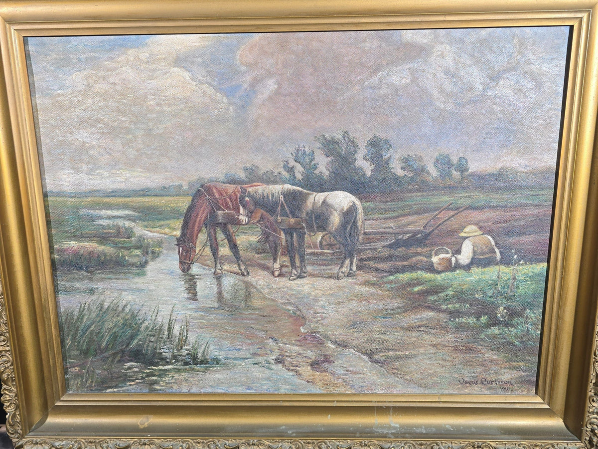 Antique Oil Painting on Canvas, Horses Drinking at a Stream with Seated Figure in Rural Landscape, Signed Oscar Carlsson, 1916