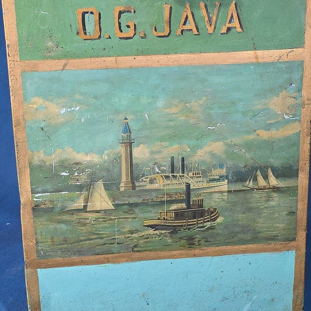 Antique O.G. Java Tin Lithograph Coffee Bin with Harbor Scene
