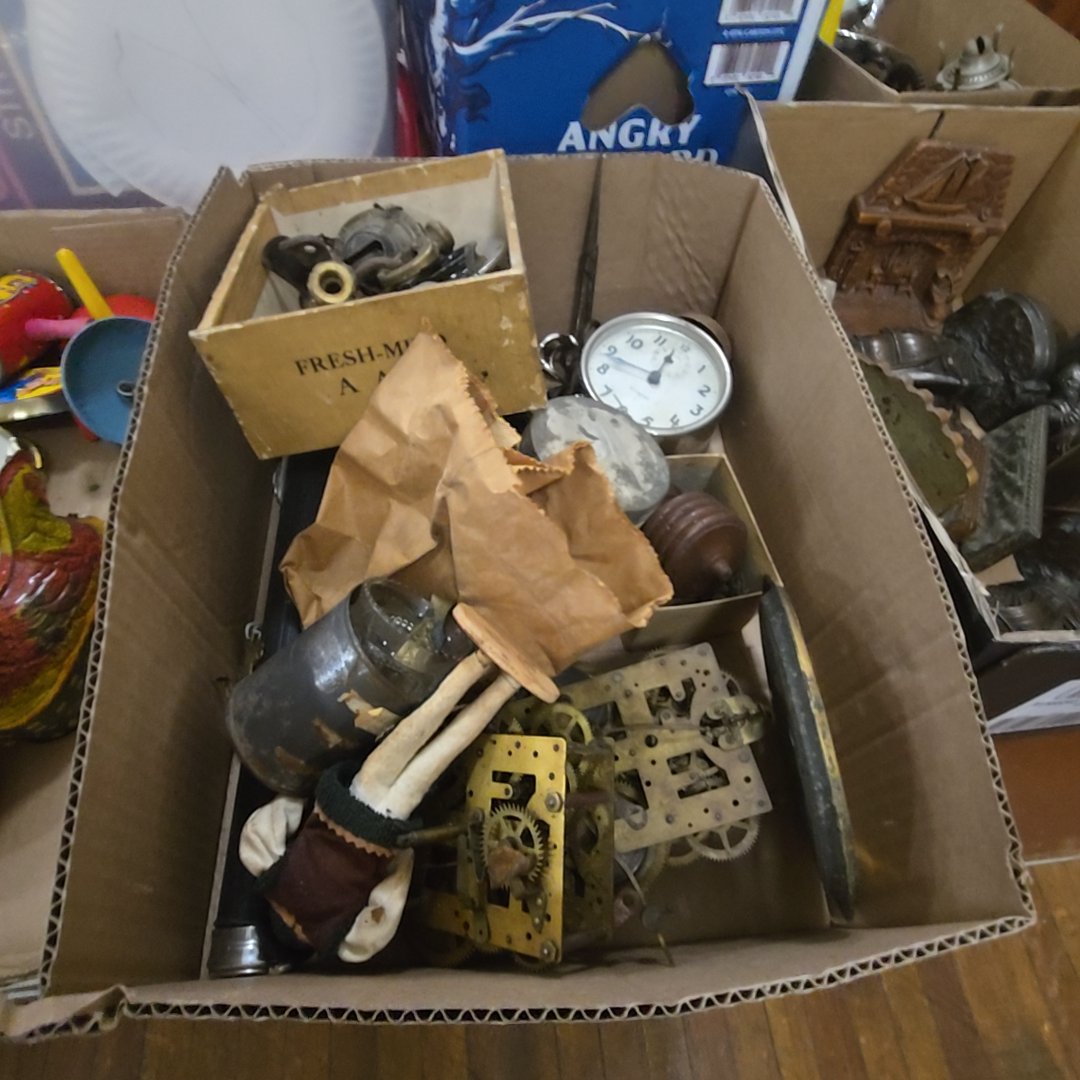 box lot with clocks and more