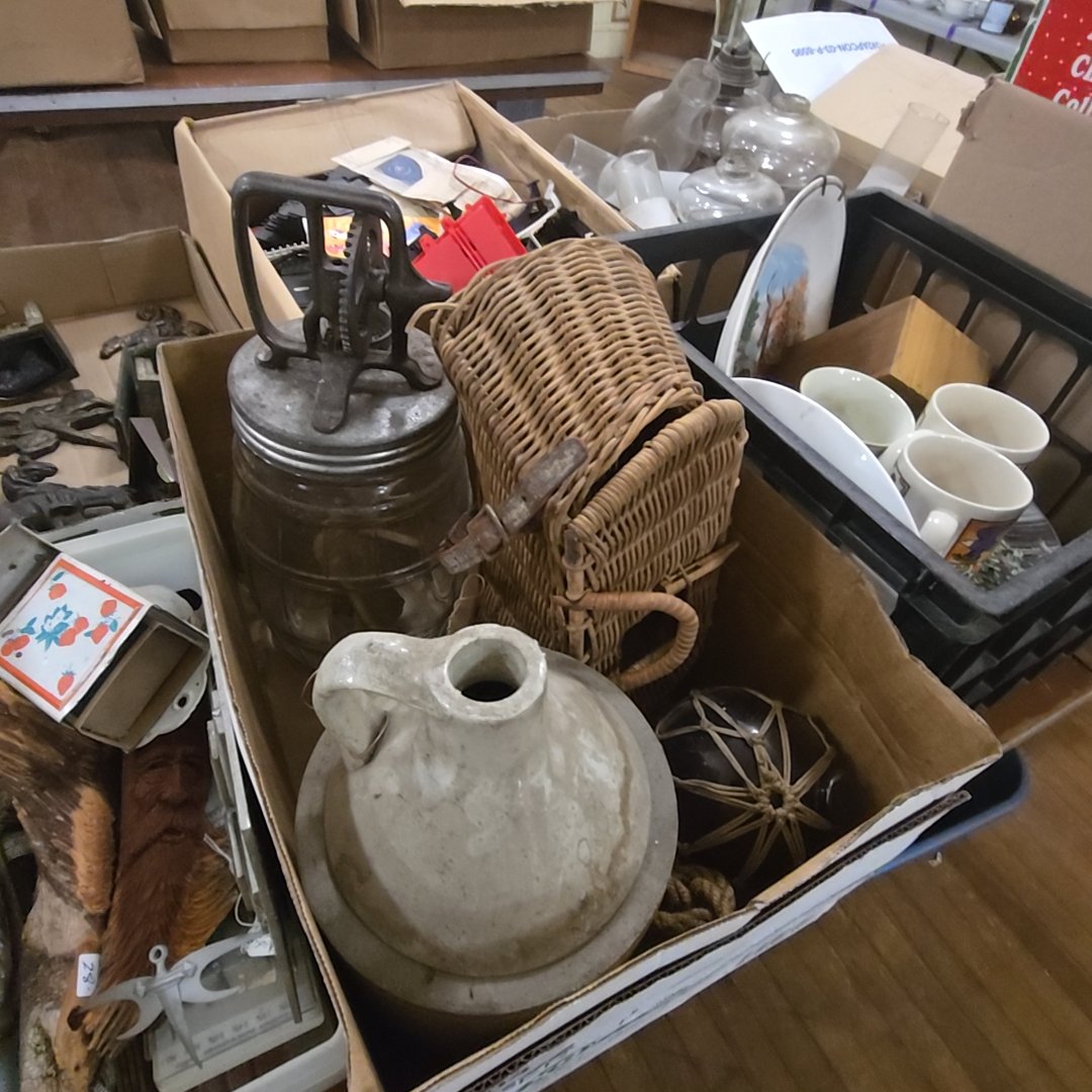 box lot with fishing creel, mixer, and jug