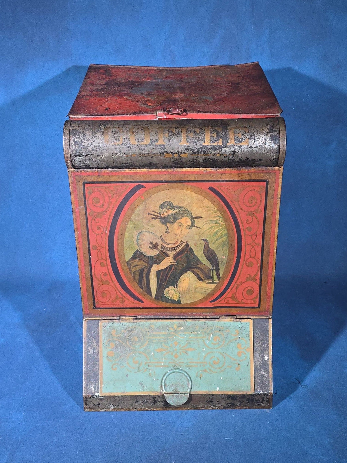Antique Hand-Painted and Lithographed General Store Coffee Bin with Japanesque Portrait of a Woman with Bird