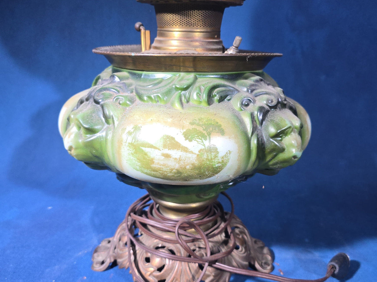 Antique Converted Kerosene Parlor Lamp with Lion Head Font and Tropical Scenes, Frosted Globe and Chimney, Font Marked Miller