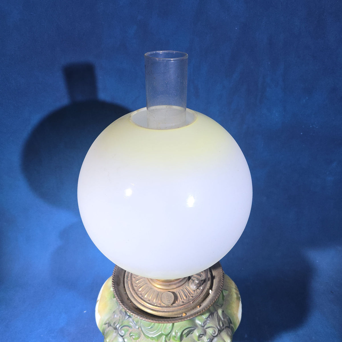 Antique Converted Kerosene Parlor Lamp with Lion Head Font and Tropical Scenes, Frosted Globe and Chimney, Font Marked Miller