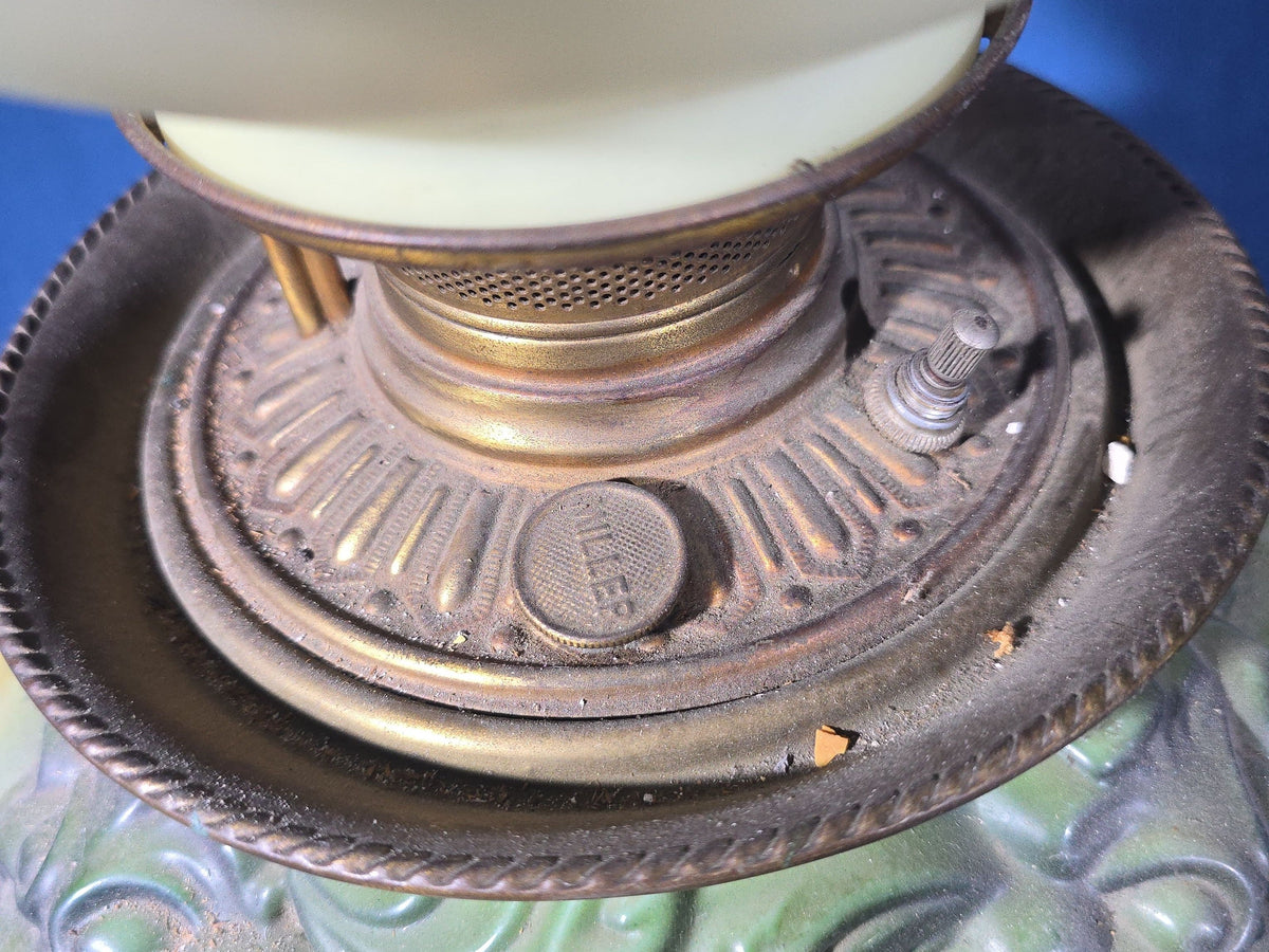 Antique Converted Kerosene Parlor Lamp with Lion Head Font and Tropical Scenes, Frosted Globe and Chimney, Font Marked Miller