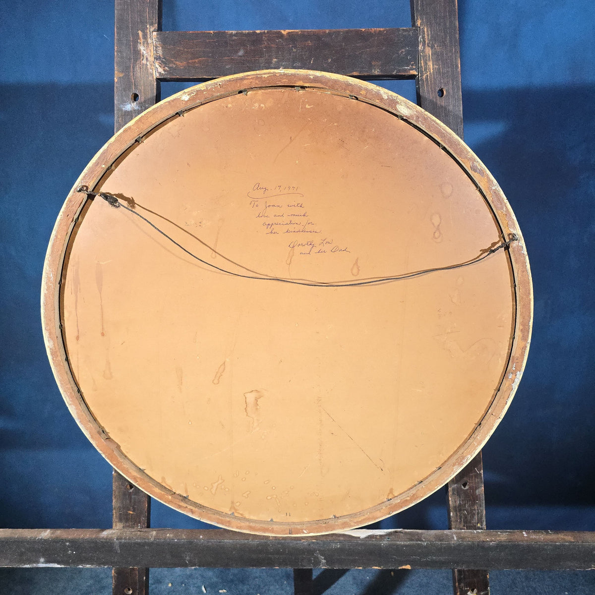 Vintage Round Painting on Board, Figure with Horses, Signed "Igor," Inscribed Verso 1971