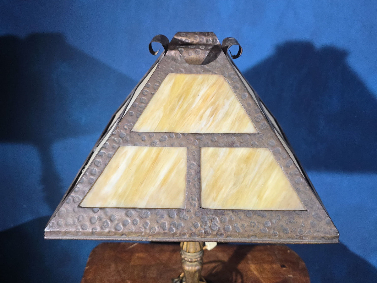 Antique Arts and Crafts Slag Glass Table Lamp with Pyramidal Shade and Cast Metal Base