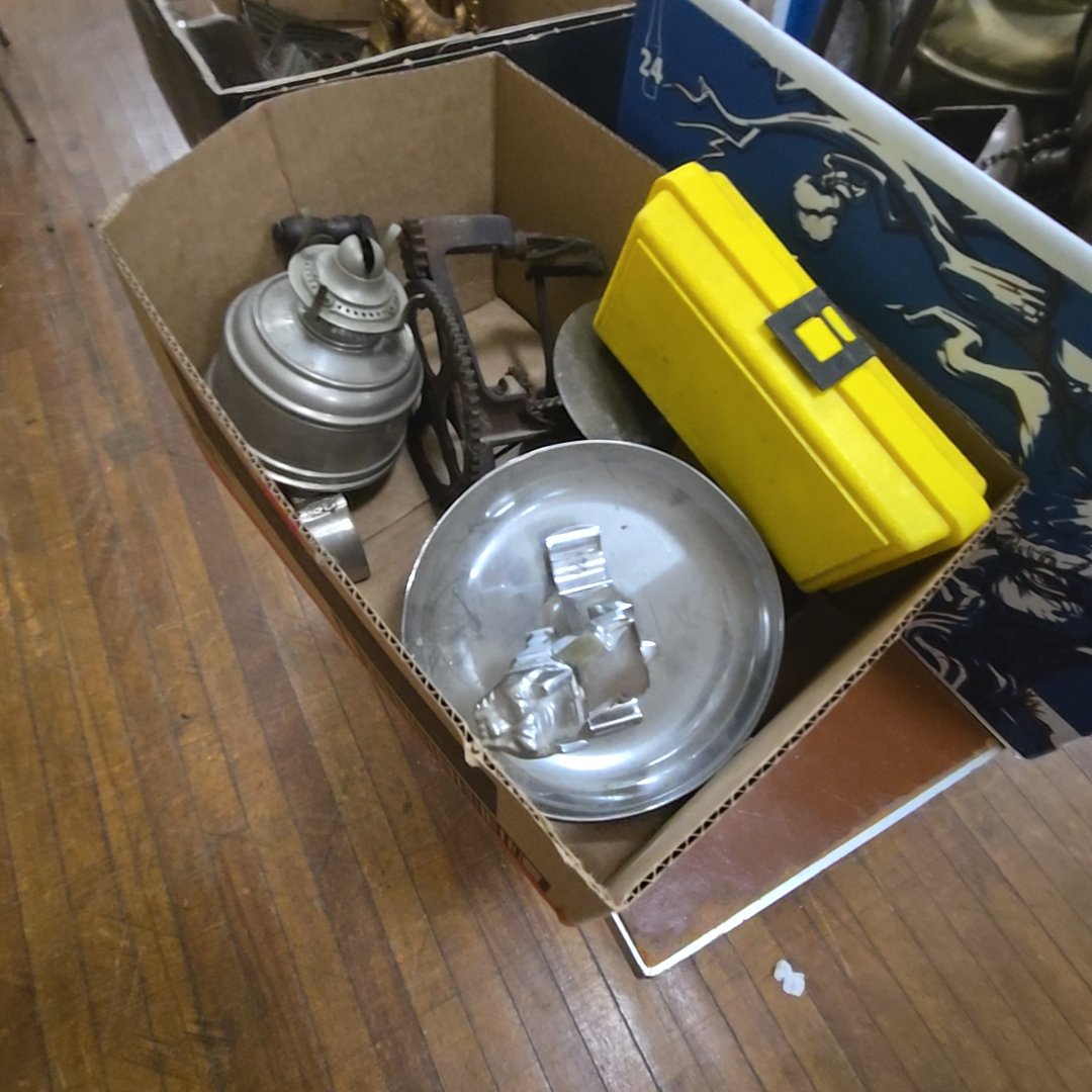 box lot with apple peeler and Mack truck ashtray