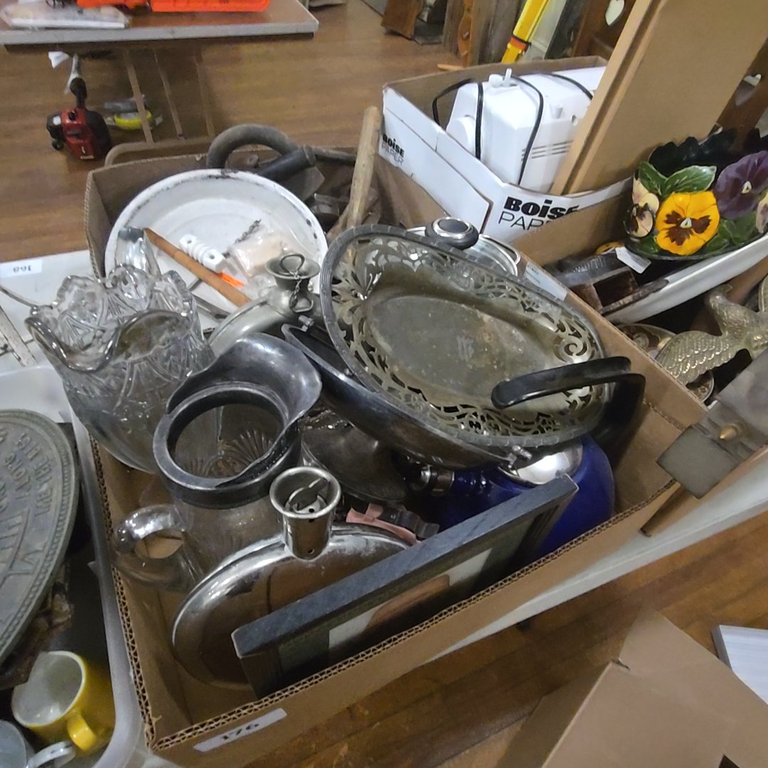 box lot with silver plate glassware and more