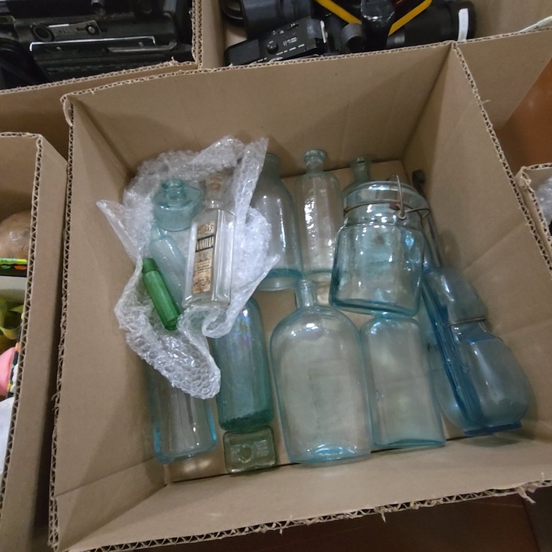 box lot with glass bottles