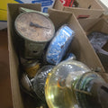 Lot 024 - Box Lot of Kitchenware and More Including Lamp Car Horn and Scale