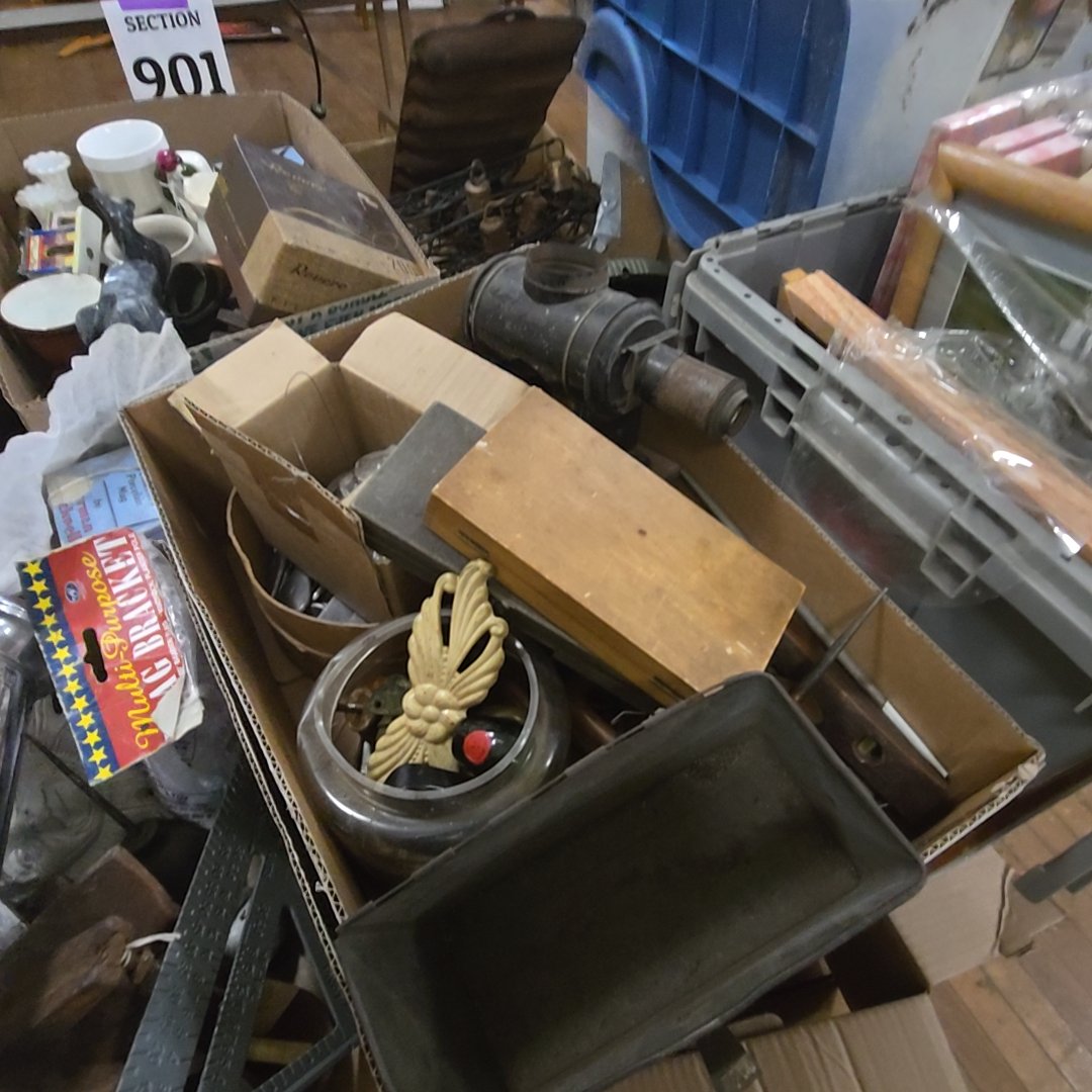 box lot with magic lantern, tools, tobacco tin, and fishing