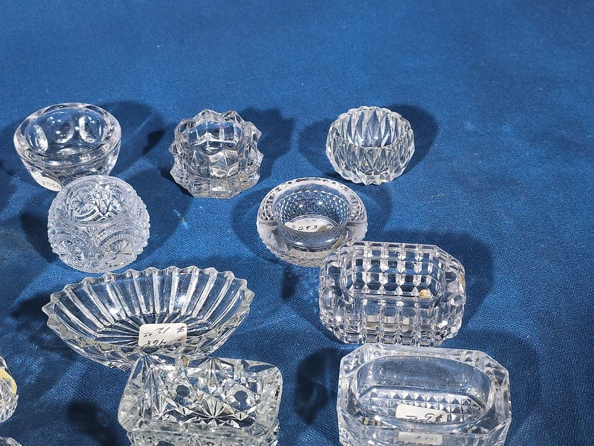 Grouping of 20 Antique and Vintage Pressed and Cut Glass Salt Cellars including Uranium Glass Salt Cellar