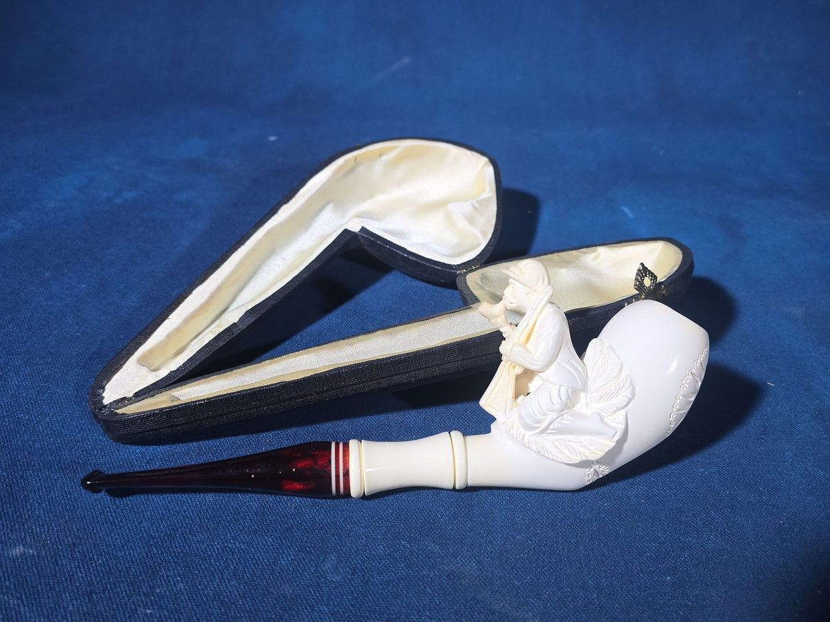 Vintage Carved Meerschaum Pipe with Figural Hunter Smoking a Pipe, in Fitted Case