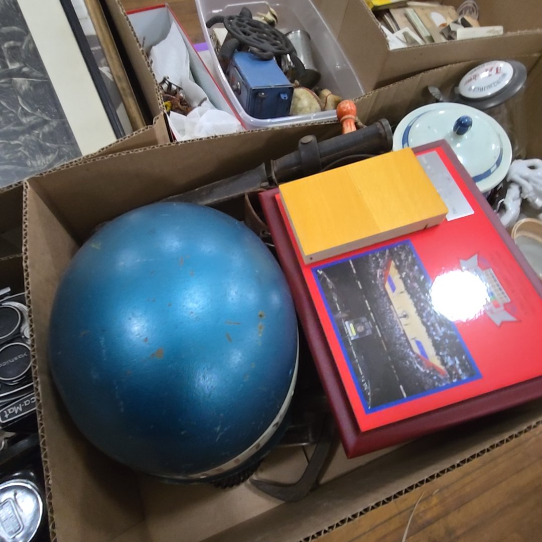 box lot with Bowie knife security helmet and more