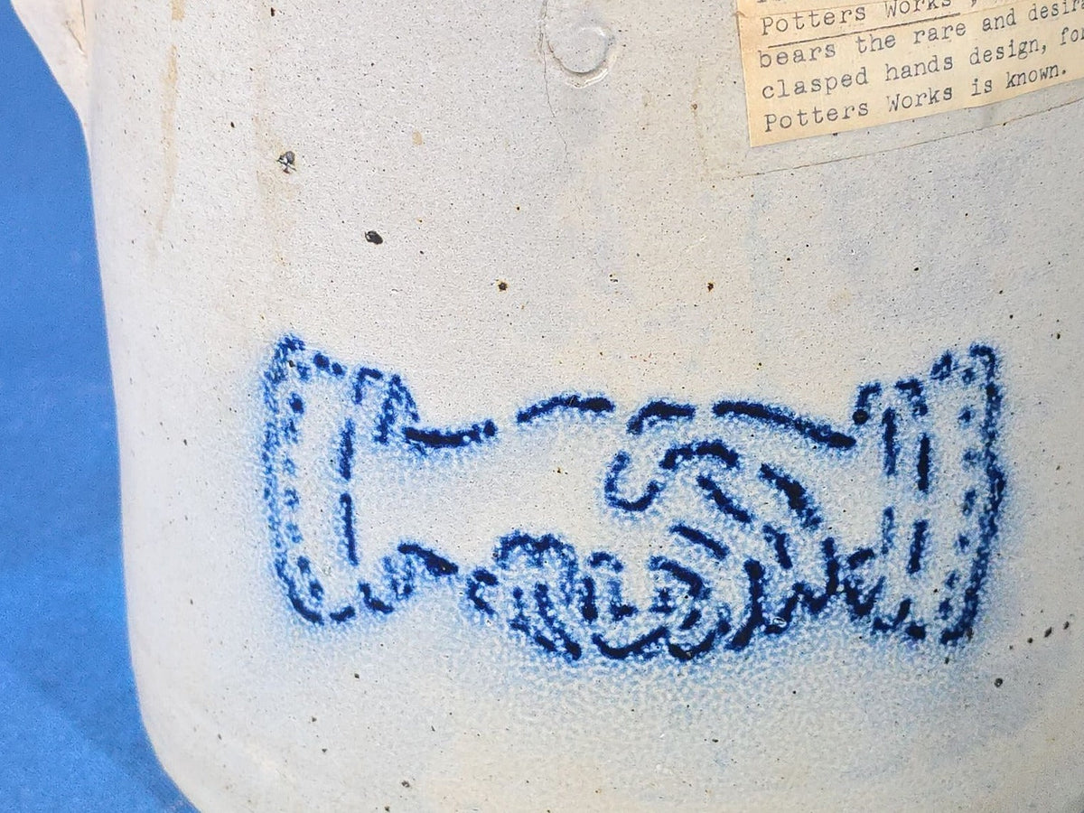 Antique Salt-Glazed Stoneware Crock with Blue Stenciled Clasped Hands Design, Attributed to Somerset Potters Works, Somerset, Massachusetts, Circa 1847-1891