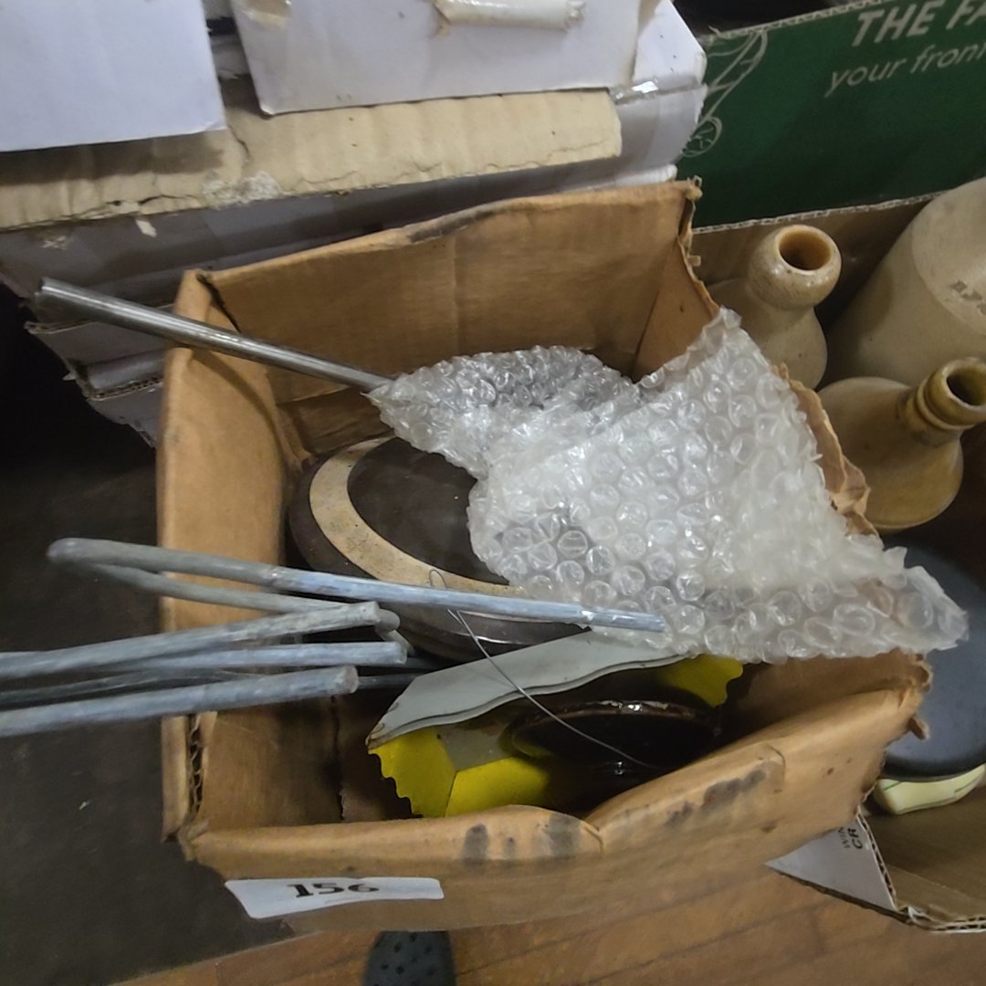box lot with crock lids and more