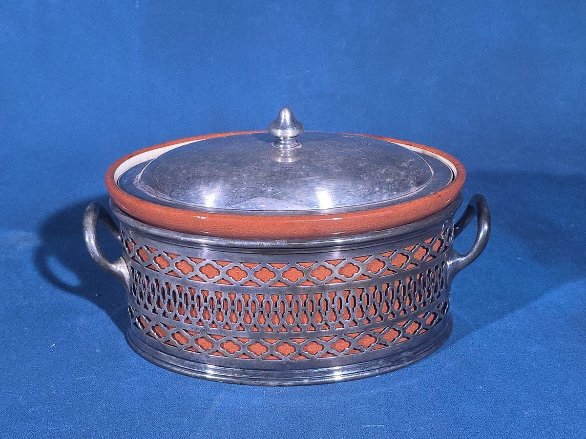 Antique Weller Pottery Covered Dish in Reticulated Silver-Plated Stand with Lid