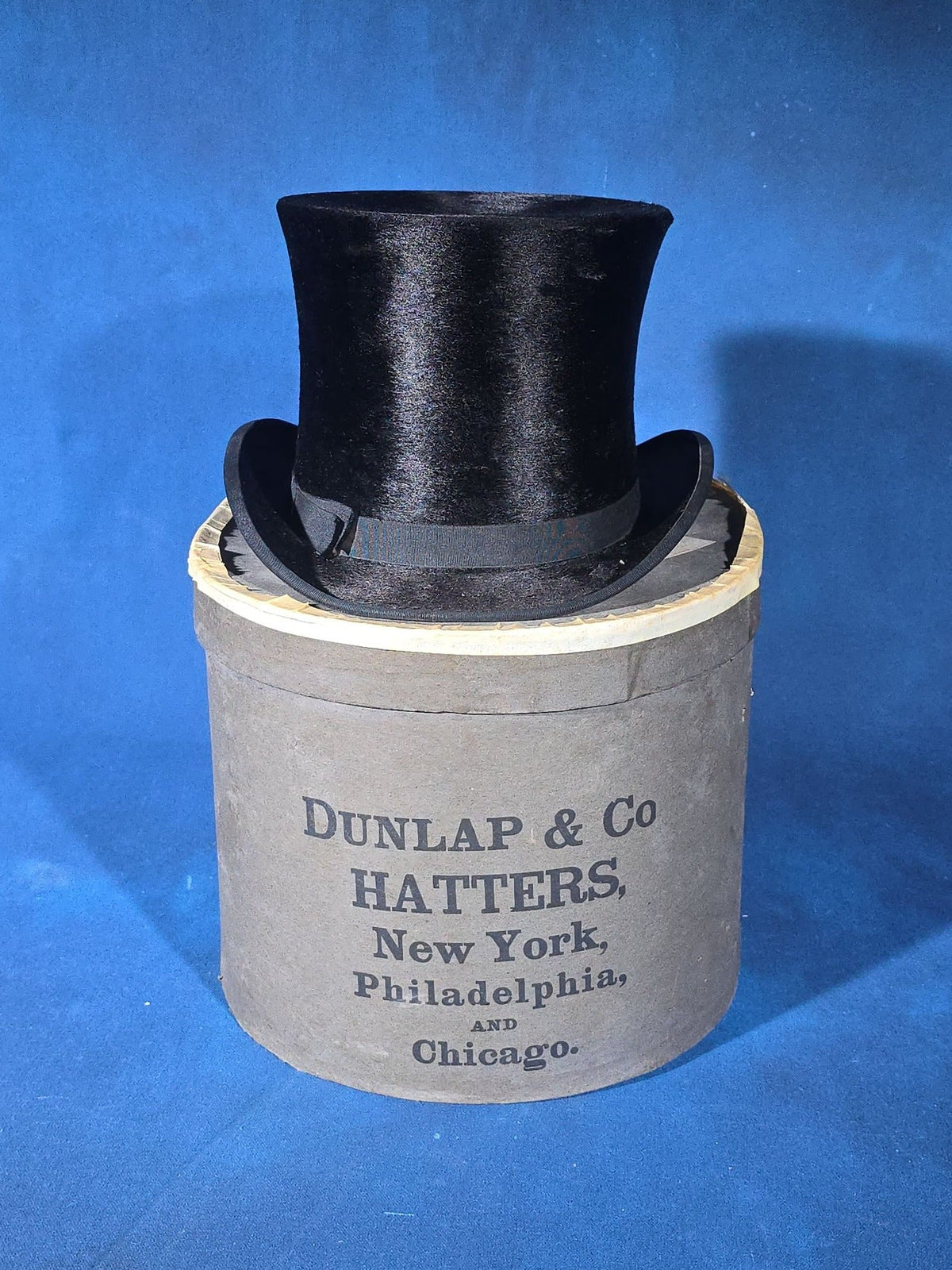 Antique Beaver Skin Top Hat, Retailed by Jacob Reed's Sons, Philadelphia, Pennsylvania, in Dunlap & Co. Hatters Hat Box